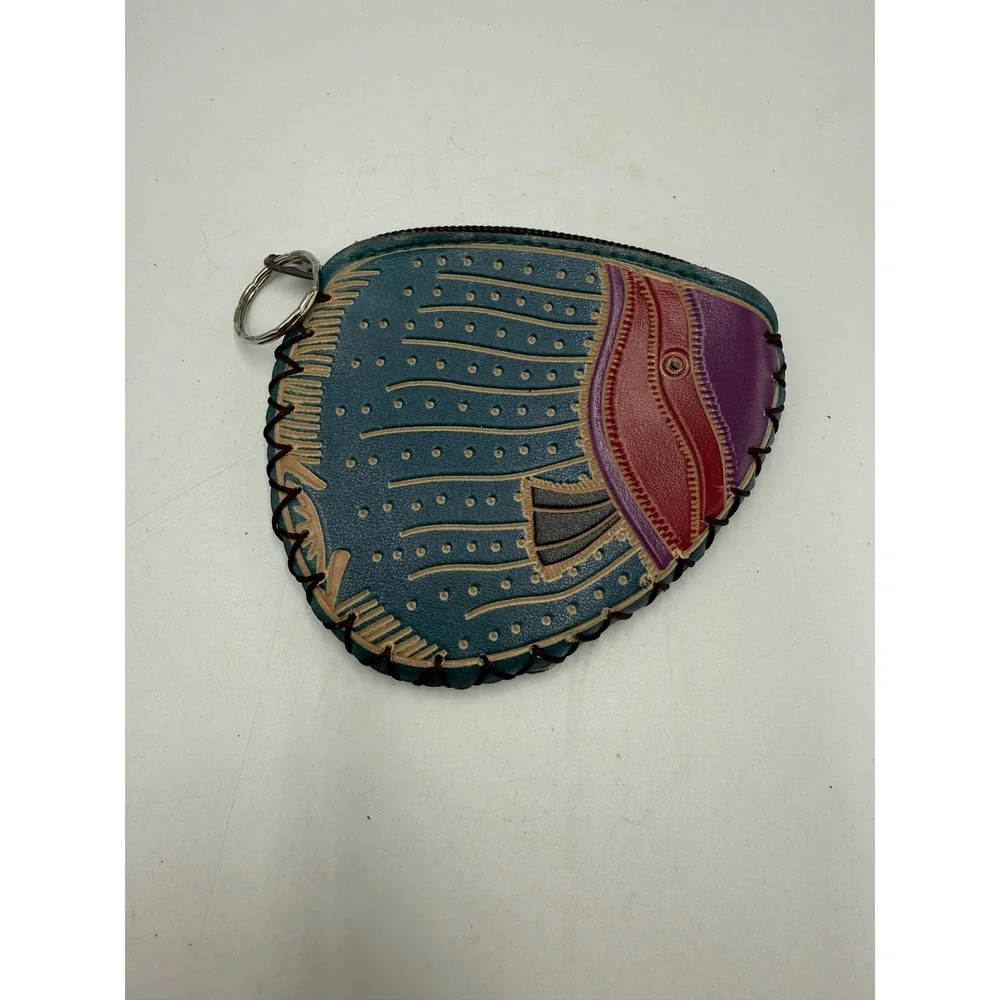 Vintage Handcrafted Leather Tropical Fish Coin‎ Purse Keychain Teal Red Purple